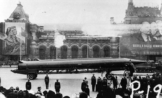 The Soviets parade one of their long-range missiles during the annual May Day parade in Red Square
