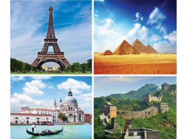 Views of the Eiffel Tower, the Pyramids at Giza, Venice, and the Great Wall of China.