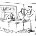 A office manager warns his employee, who is dumping gasoline over the manager's desk.