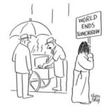 A man orders a hotdog at a food stand, and a Doomsday cultist walks by with a sign reading "World Ends Tomorrow".