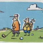 Two glofers stare off into the distance on a golf course.