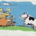 A group of forest animals talk to a cow on a hill side.