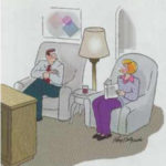 A couple argue in their living room.