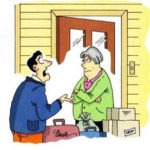 A man talks to a woman at her front door.