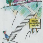 A man stares up at a long and tall staircase in front of a Heart Research Center.