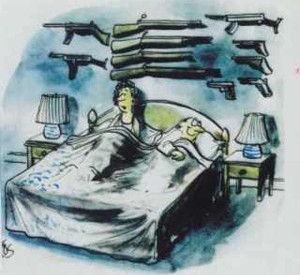 A woman stis up in bed, noticing the sounds of a burglar downstaris. Her bedroom's wall has many guns hanging from it.