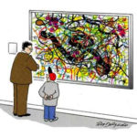 A father and son looks at a Jackson Pollock painting.