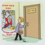 A woman walks into a doctor's office. A booth is next to the door, offering a chance for the patient to "Guess her wait."