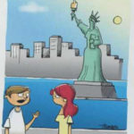 A couple talk in front of the Statue of Liberty