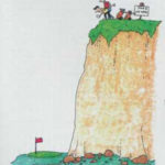 Two golfers stare down a cliff towards the hole far below.