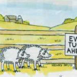 Two sheep reading a sign. The sign reads "Ewe Turn Ahead".