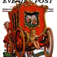 A couple riding a stagecoach.