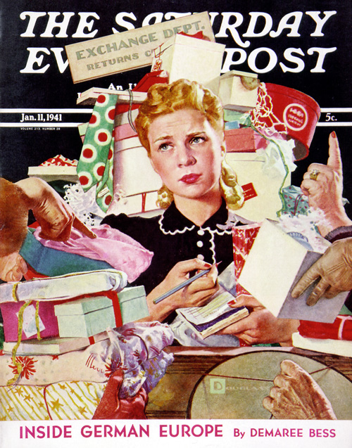 It ain’t over till it’s over. Not yet able to breathe a sigh of relief is the harried clerk in the exchange department that appeared on our January 11, 1941 cover. This young lady is due for a day off.