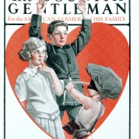 Cupid holds up a young couple with a bow-and-arrow in hand.