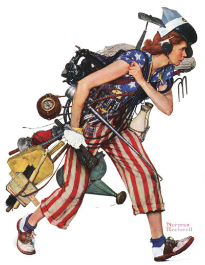 Rosie the Riveter is carrying gardening tools, cleaning tools, and bottles of milk. Rosie is wearing a star-spangled pair of pants and a shirt.