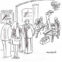 Restaurant patrons wait while construction workers build tables.