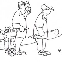 Two men play golf.
