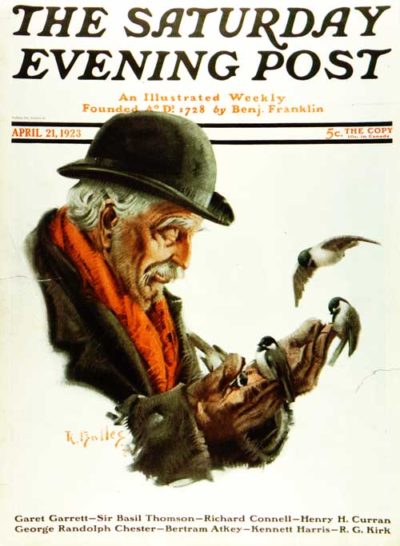 An elderly man feeds sparrows