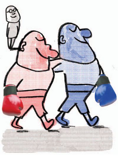 mediator stands in background, men in boxing gloves walk arm in arm in foreground