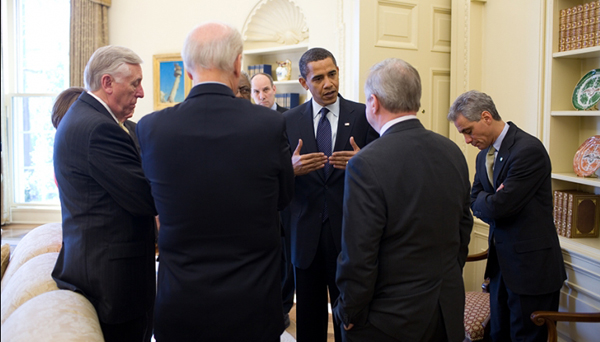 Jan. 23, 2009: The President meets with Congressional Democratic leaders in the Oval Office. Norman Rockwell's "Working on the Statue of Liberty" can be seen hanging in the background. (Official White House Photo by Pete Souza)