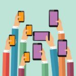 An illustrated crowd of people holding up mobile devices.