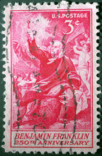 photo_20090606_franklin_stamp Issued in Philadelphia on January 17, 1956, this 3-cent stamp, depicting Franklin holding the key on his famous kite, commemorated the 250th anniversary of his birth.