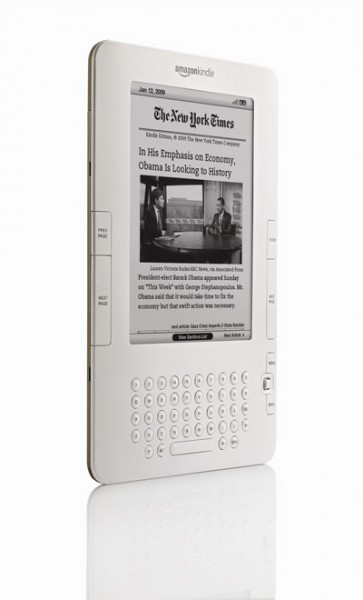 photo_20090817_kindle_left_angle The colorless Kindle is designed to read “like real paper” and displays images in 16 shades of gray. Photo courtesy Amazon.com.
