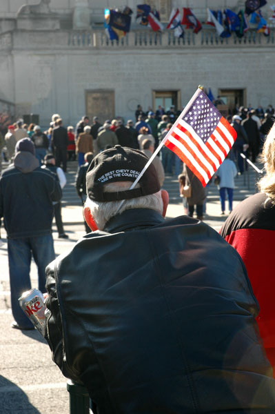 Man with flag in hat at Indianapolis Veterans Day Parade 2009.