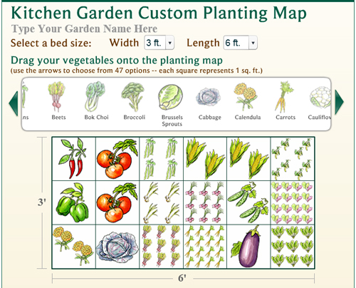Select the dimensions of your garden and drag the vegetables onto the grid.   Screenshot courtesy of Gardener's Supply.