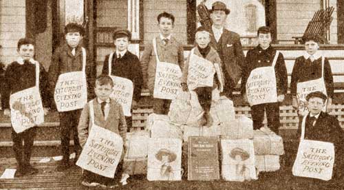 A Group of Saturday Evening Post boys pose for a photo. This appeared on the back cover of "Our Team" magazine.