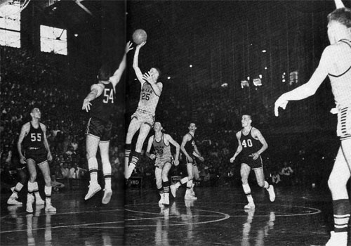 Milan High School coach Marvin Wood had Bob Plump (no. 25) hold the ball for more than 4 minutes before uncorking the jump shot that won the state championship. (Photo courtesy of W. M. Krider/Lawenceburg, Jr.)