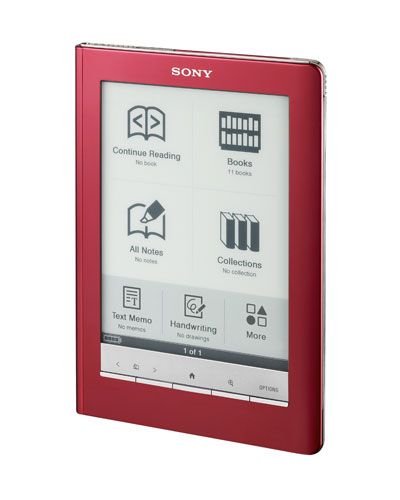 photo_sony_reader_touch Sony has two e-book readers—Reader Pocket Edition and Reader Touch Edition (shown here in red) that must be plugged into a computer, for those who enjoy such tinkering. Photo courtesy Sony Electronics, Inc.