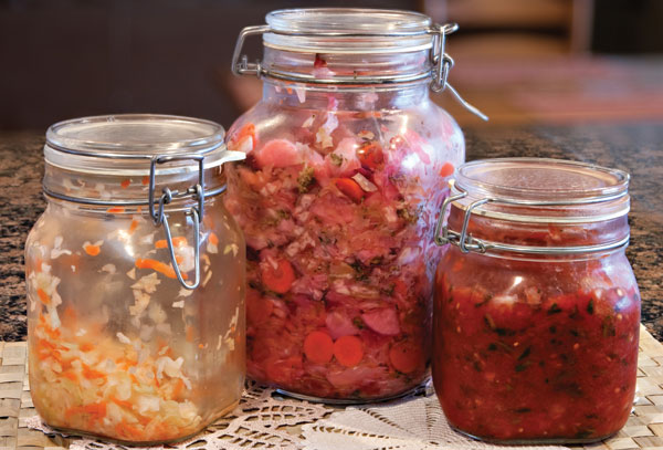 Homegrown probiotics: Place veggies in Mason jar, add sea salt and whey, close. After 3 days, refrigerate for two weeks before eating.