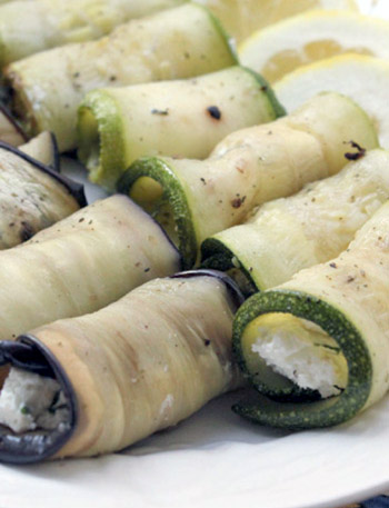 rolled zucchini and eggplant slices filled with goat cheese