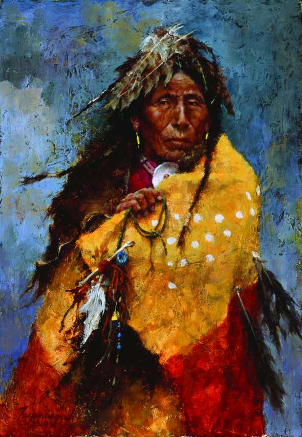 A portrait of a Native American in traditional garment.
