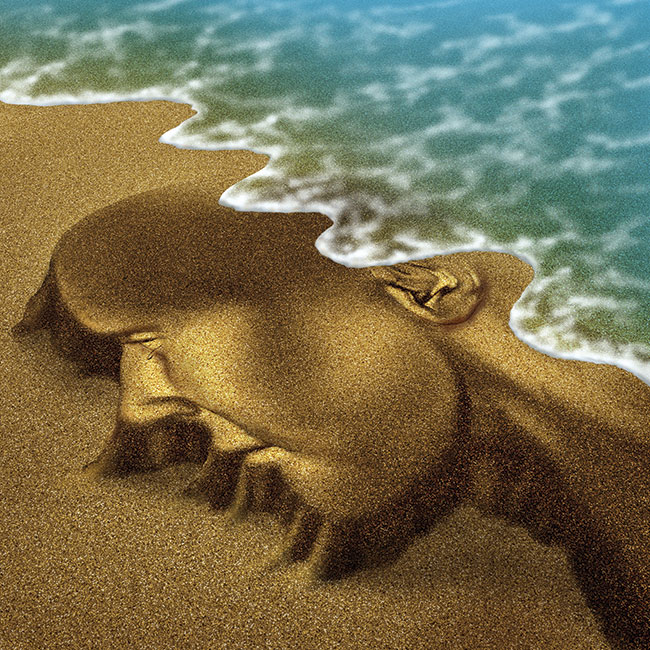 Waves Covering Sand Sculpture of a Face