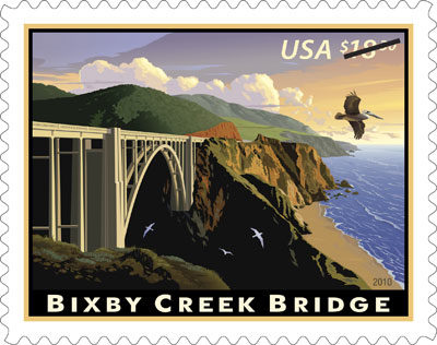 A stamp with an illustration of the Bixby Creek Bridge