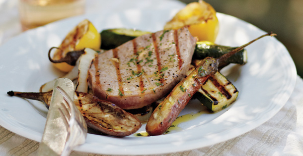 Plate of Grilled Tuna on an outdoor table.