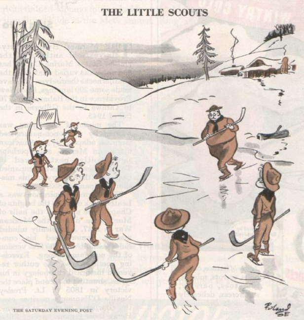 A boy scout counselor leads his troop at a game of ice hockey