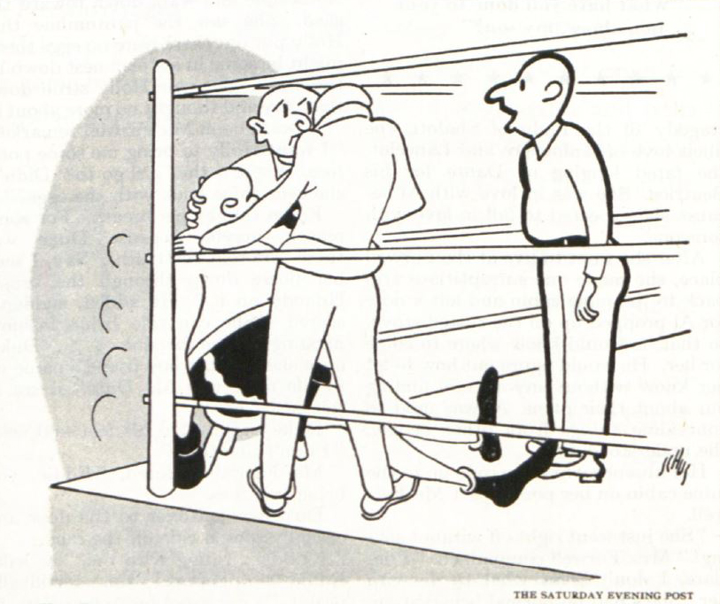 A referee talks to a beaten boxer's managers as they tend to his injuries.