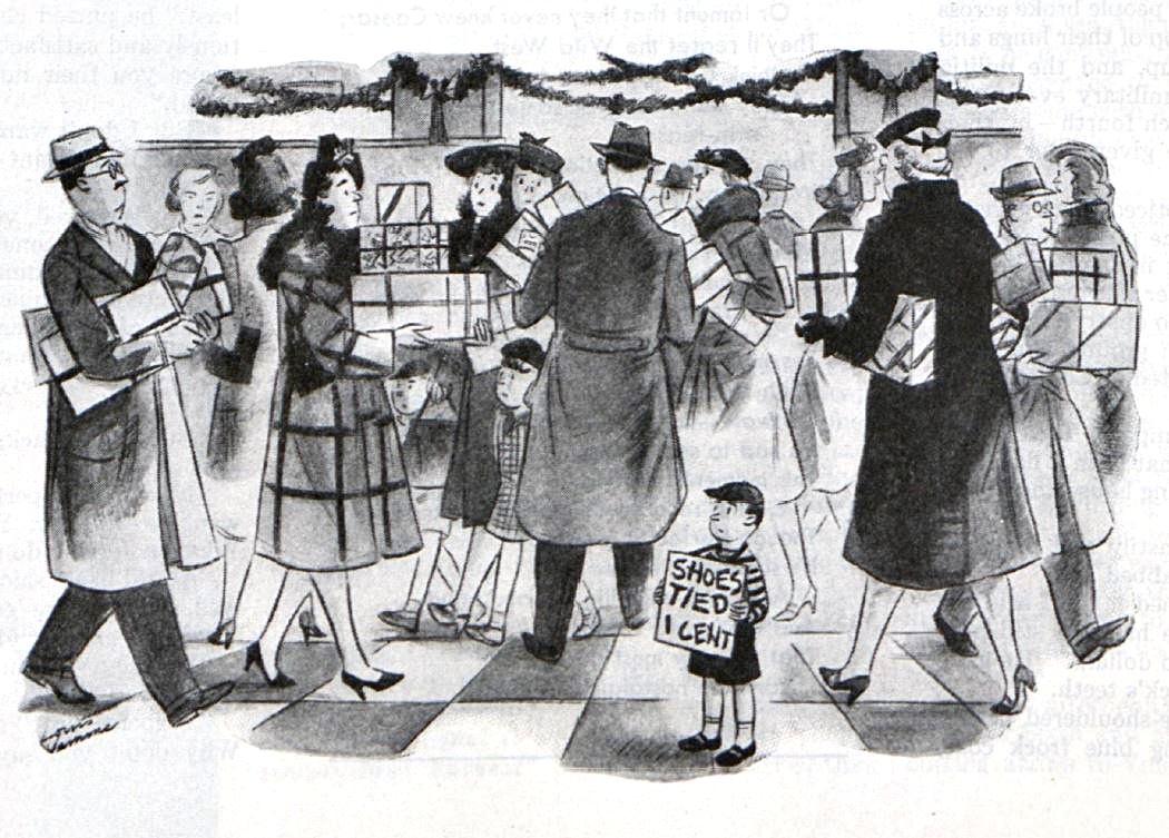 A young, anxious boy holds a sign that reads "Shows Tied, 1 cent" in a busy department store during holiday shopping season.