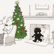 A shocked father looks to watch his son walk out of the chimney, covered in soot.