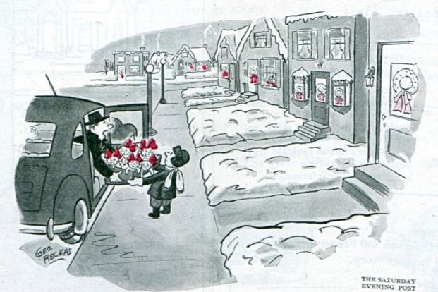 A man leans out of his parked car to hand a box of kittens to his son, instructing him to abandon them on front porches throughout the neighborhood. This cartoon is terrible.