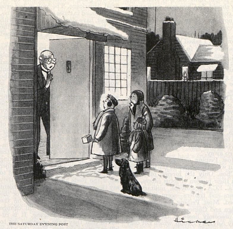 A perturbed homeowner lectures a group of carolers as they stand dejected on his snow-covered front porch.