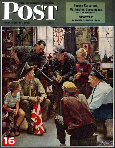 Men sit surrounding a soldier in garage