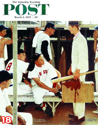 Boy in civilian clothes walks into baseball locker room