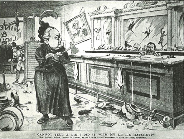 An 1895 political cartoon by Amelia B. Moore depicting American temperance activist Carry Nation glaring at a terrified bartender as she holds a hatchet in a saloon.