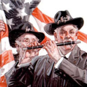 Two Civil War veterans march bearing the U.S. flag. The veteran in front plays a flute.