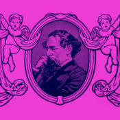 Illustration of British novelist Charles Dickens in a frame held up by cherubs.