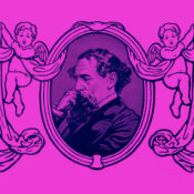 Illustration of British novelist Charles Dickens in a frame held up by cherubs.